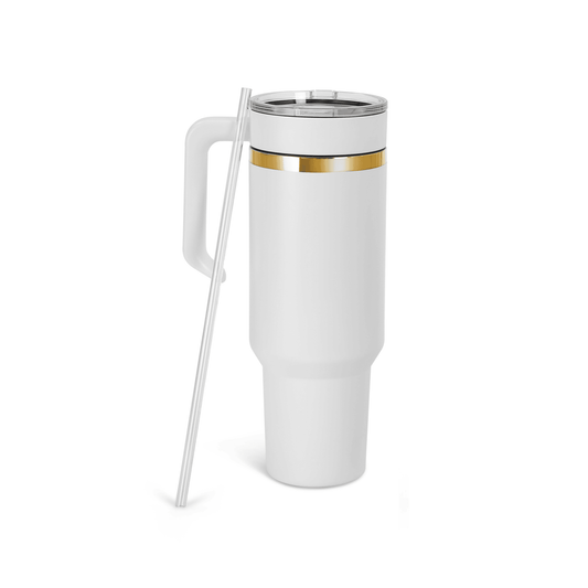 40oz gold electroplated white tumbler with twist on handle