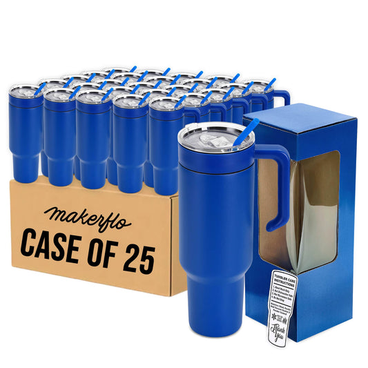 40oz tumbler with MakerTwist twist on handle, blue powder coated, case of 25