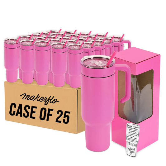 40oz tumbler with handle, pink powder coated, case of 25