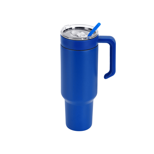 40oz tumbler with MakerTwist twist on handle, blue powder coated