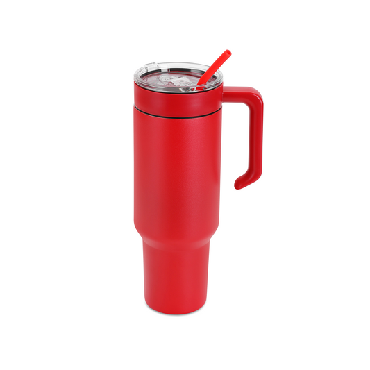 40oz tumbler with MakerTwist twist on handle, red powder coated