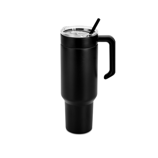 40oz tumbler with MakerTwist twist on handle, black powder coated