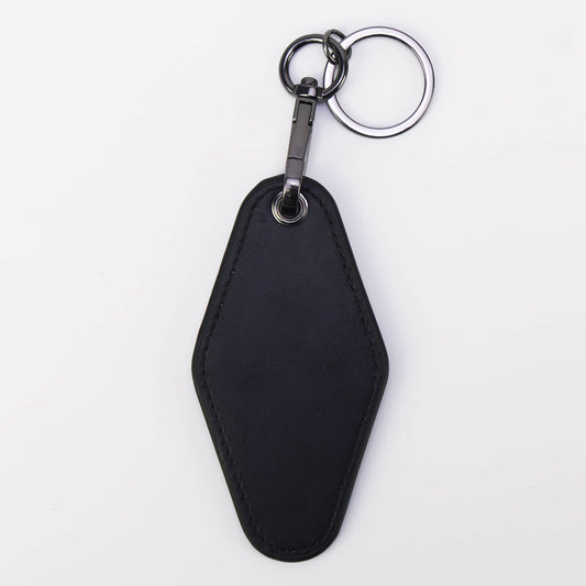 laserette leatherette motel keychain, black, engravable