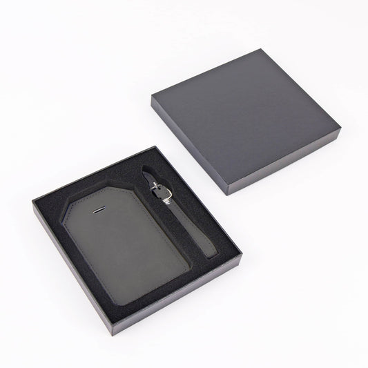 laserette, leatherette luggage tag, gray in gift box