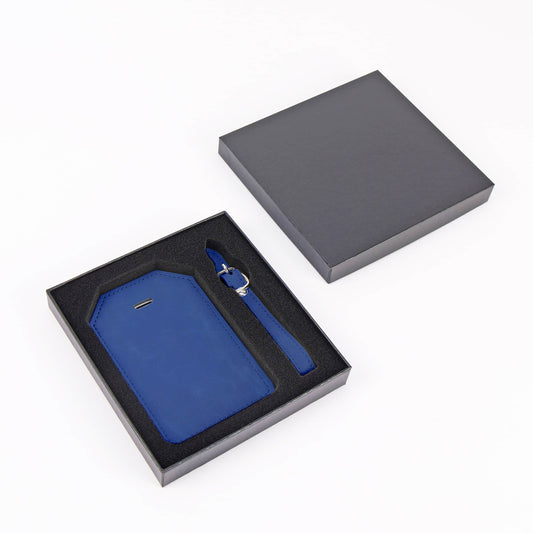 laserette, leatherette luggage tag, navy blue in gift box
