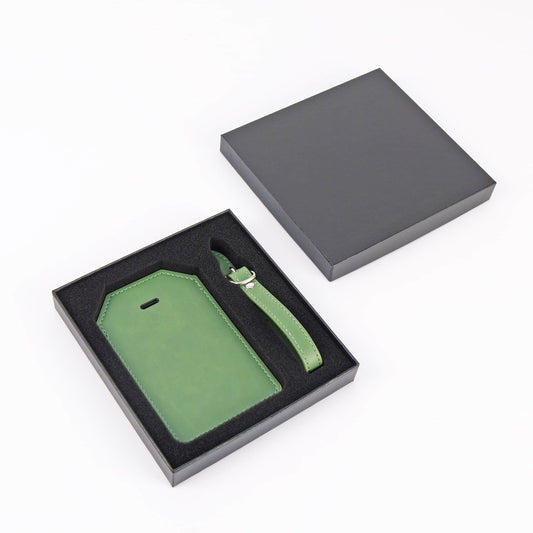 laserette, leatherette luggage tag, sage green in gift box