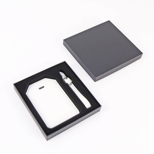 laserette, leatherette luggage tag, white in gift box