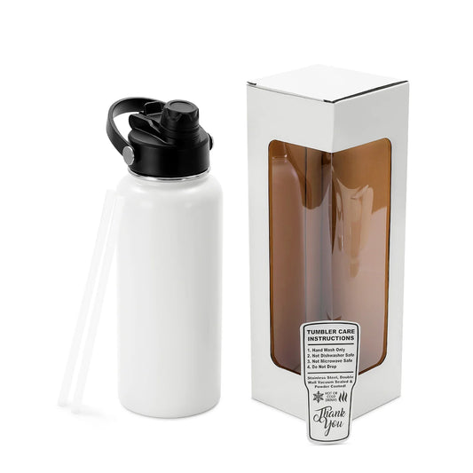 white powder coated water bottle with box and straw