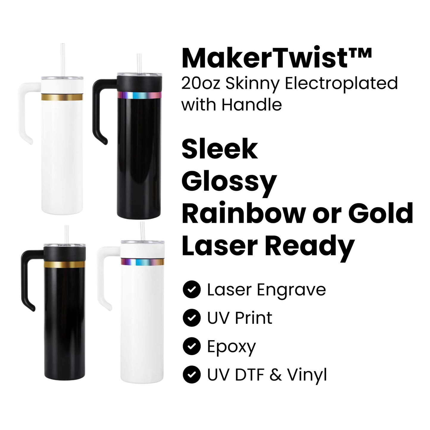 20oz skinny electroplated tumbler with handle for laser engraving, uv printing, epoxy or uv dtf and vinyl