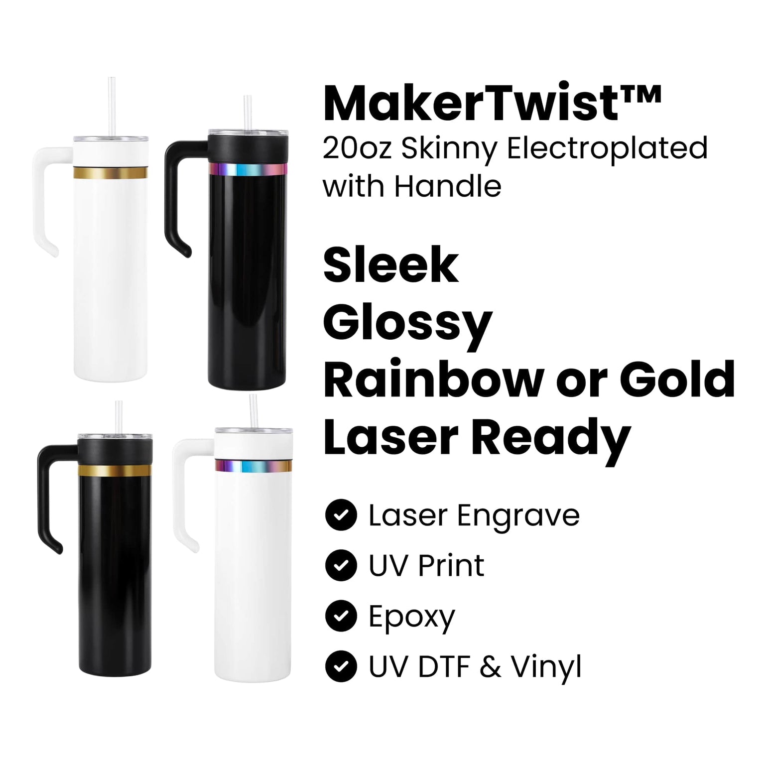 20oz skinny electroplated tumbler with handle for laser engraving, uv printing, epoxy or uv dtf and vinyl