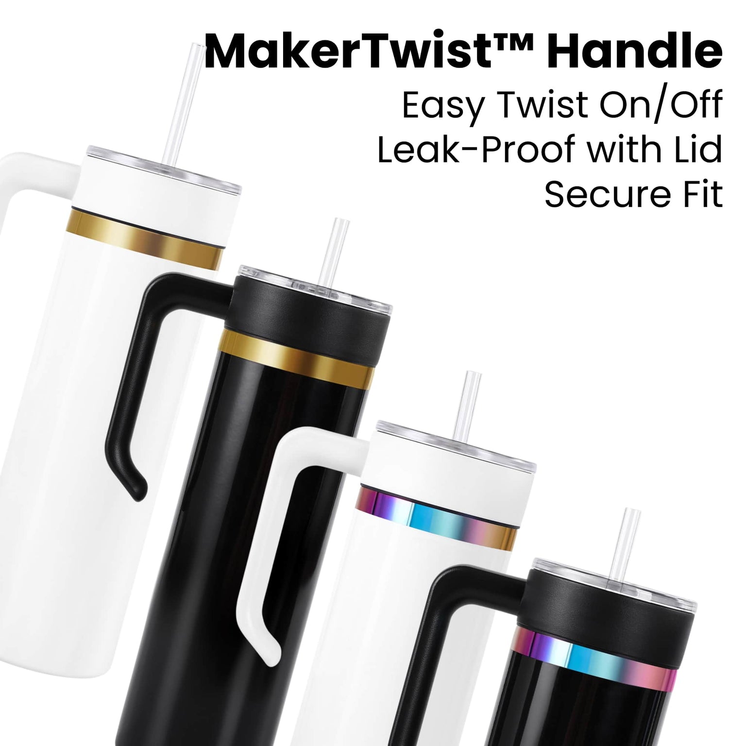 20oz skinny electroplated tumbler with twist on handle, leak proof and easy on / off