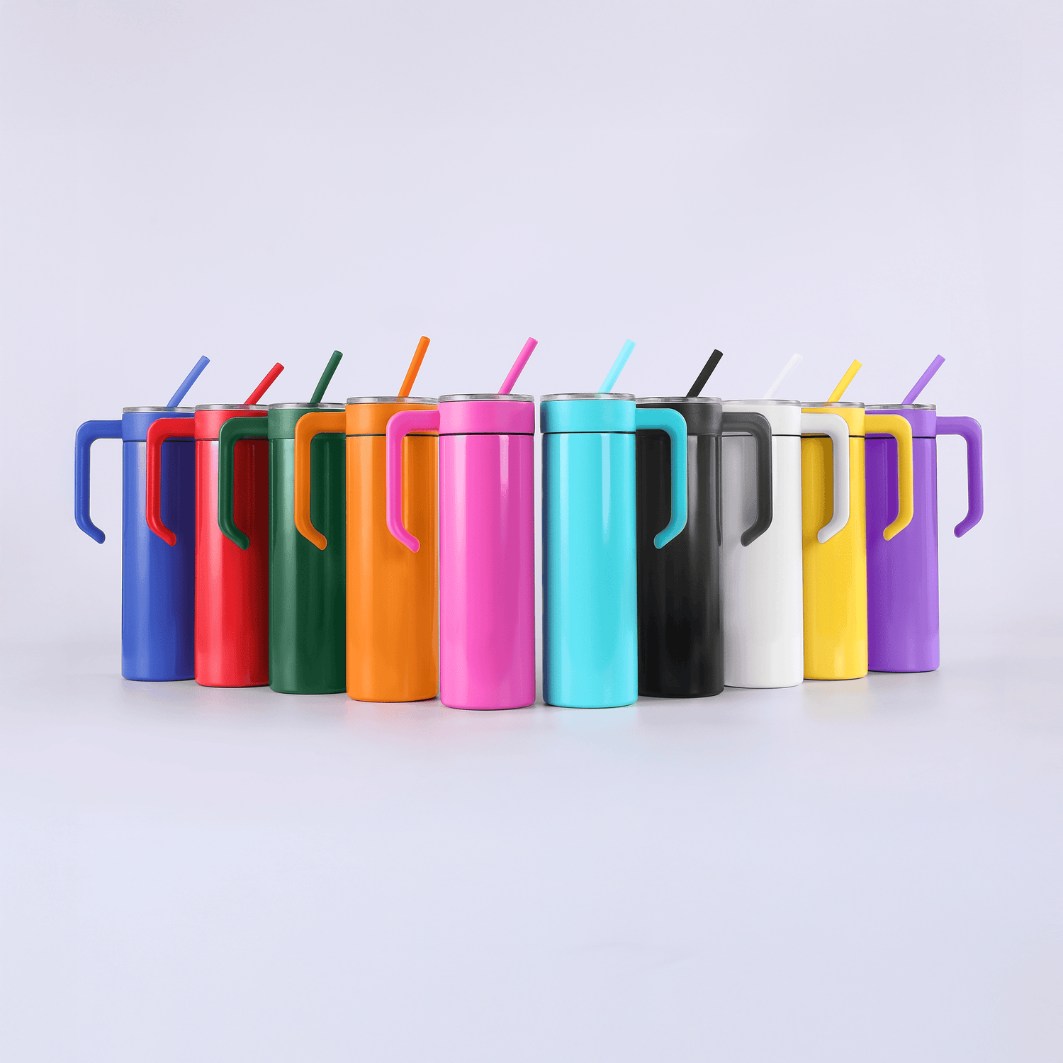 20oz skinny tumblers in all colors, shown with optional twist on handle accessory | usp