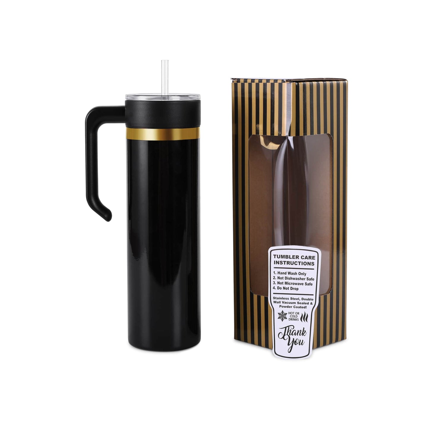 20oz skinny gold electroplated tumbler with handle in black glossy powder coat