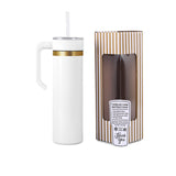 20oz skinny gold electroplated tumbler with handle in white glossy powder coat