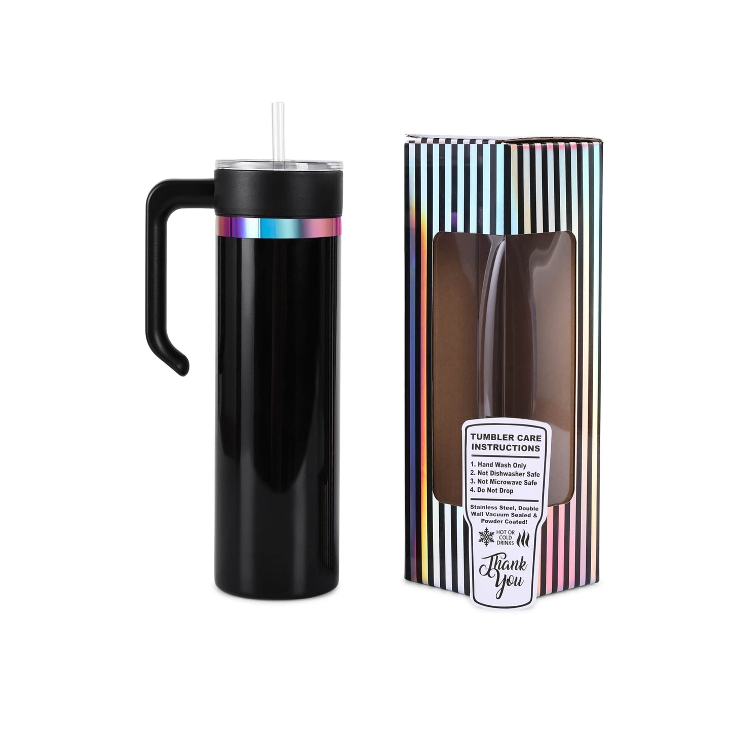 20oz skinny rainbow electroplated tumbler with handle in black glossy powder coat