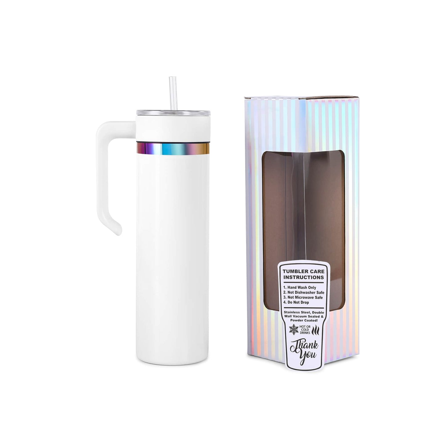 20oz skinny tumbler with handle, electroplated rainbow with white powder coated surface