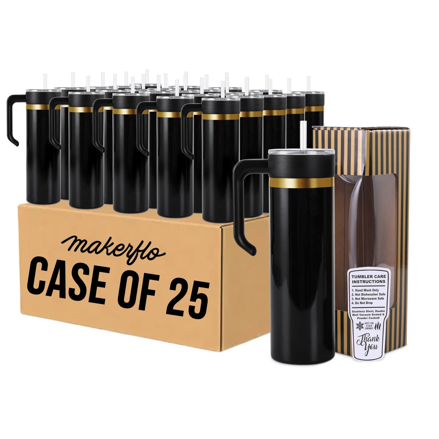 20oz skinny gold electroplated tumbler with handle in black glossy powder coat, case of 25