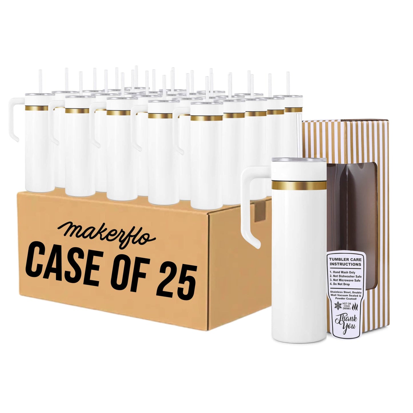 20oz skinny gold electroplated tumbler with handle in white glossy powder coat, case of 25
