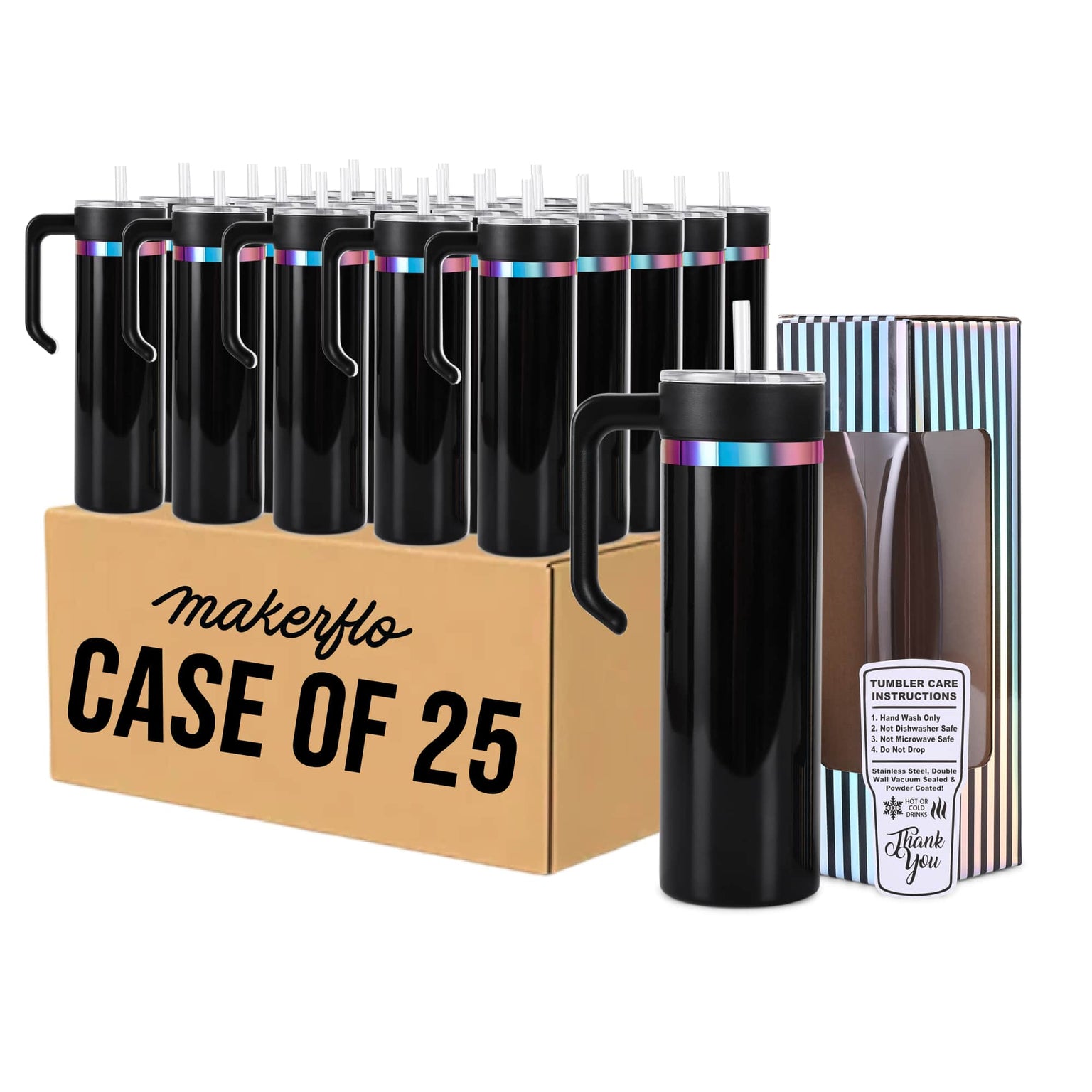 20oz skinny rainbow electroplated tumbler with handle in black glossy powder coat, case of 25