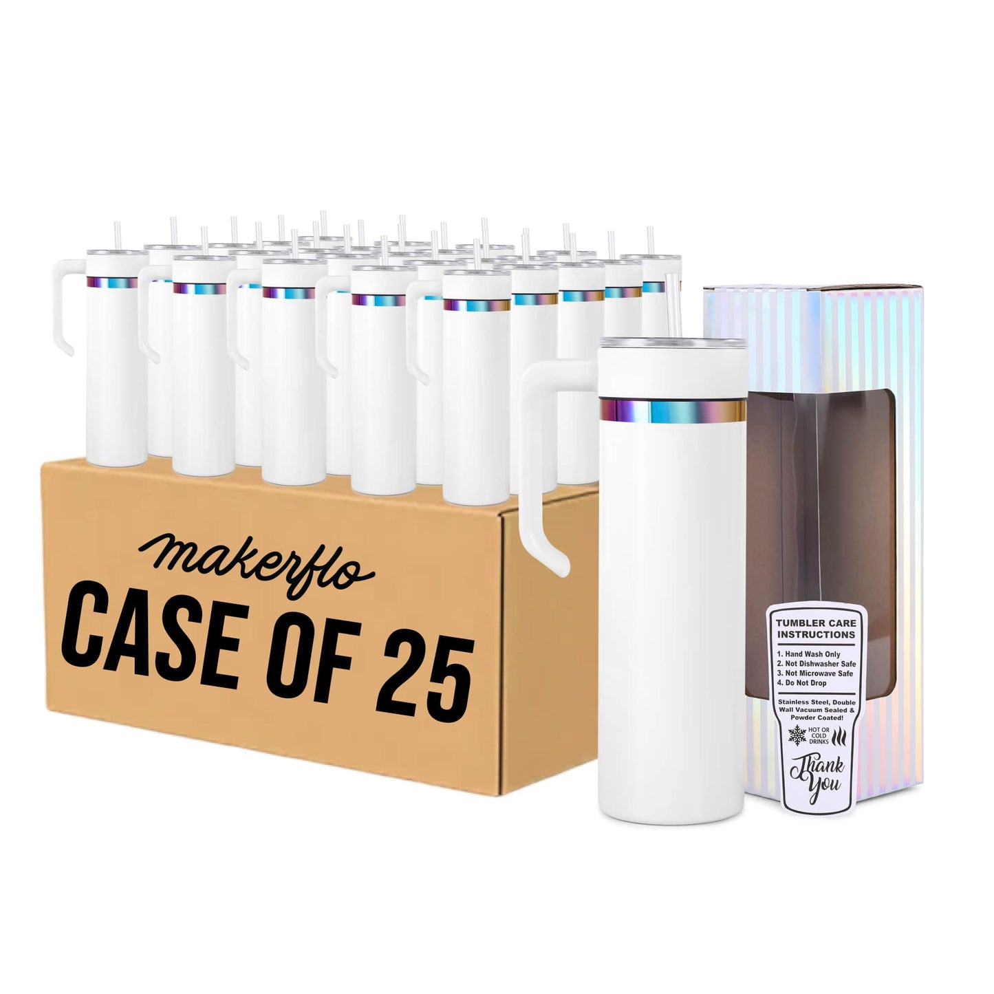 20oz skinny rainbow electroplated tumbler with handle in white glossy powder coat, case of 25