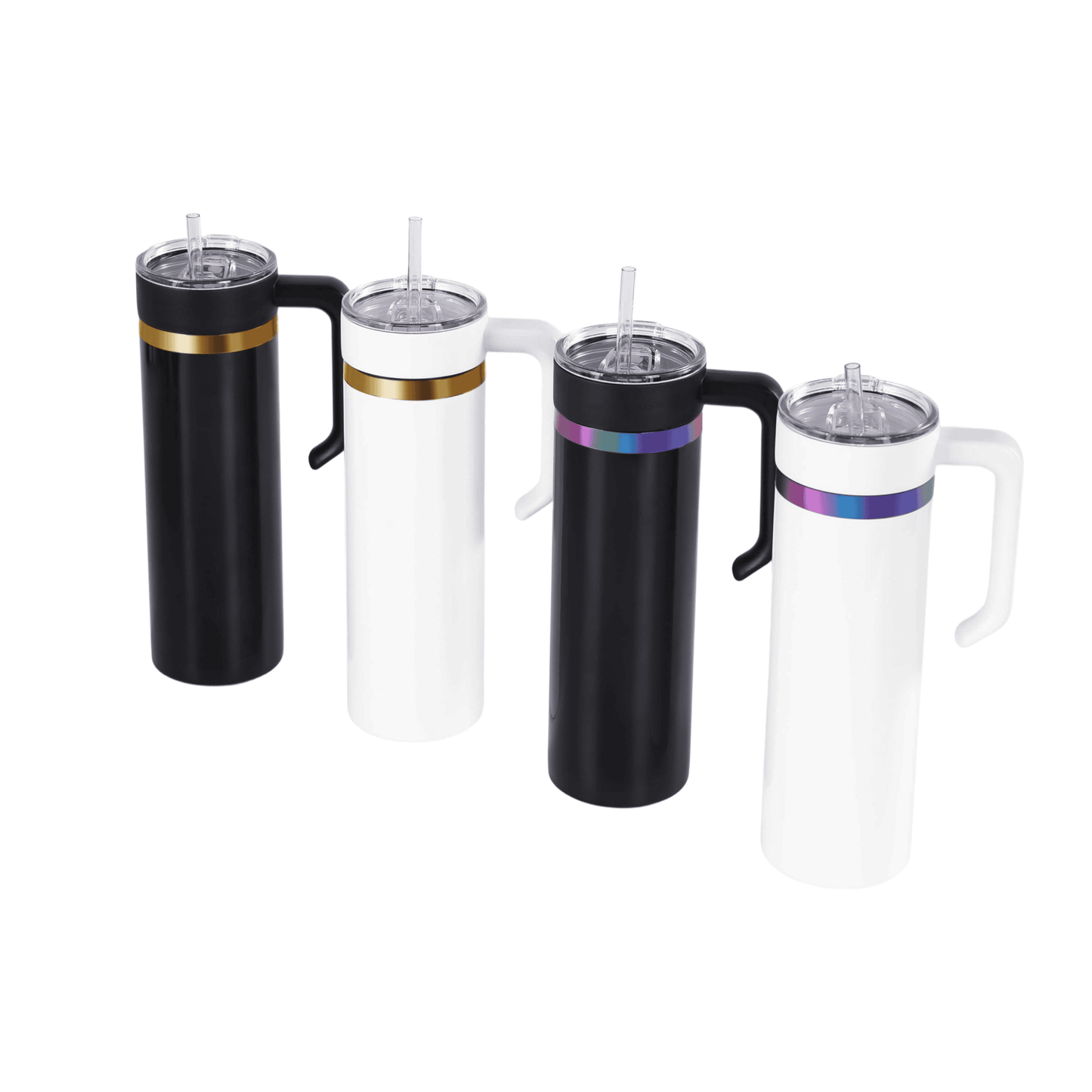 20oz skinny electroplated tumblers with handle in white and black glossy powder coat, choose gold or rainbow electroplating