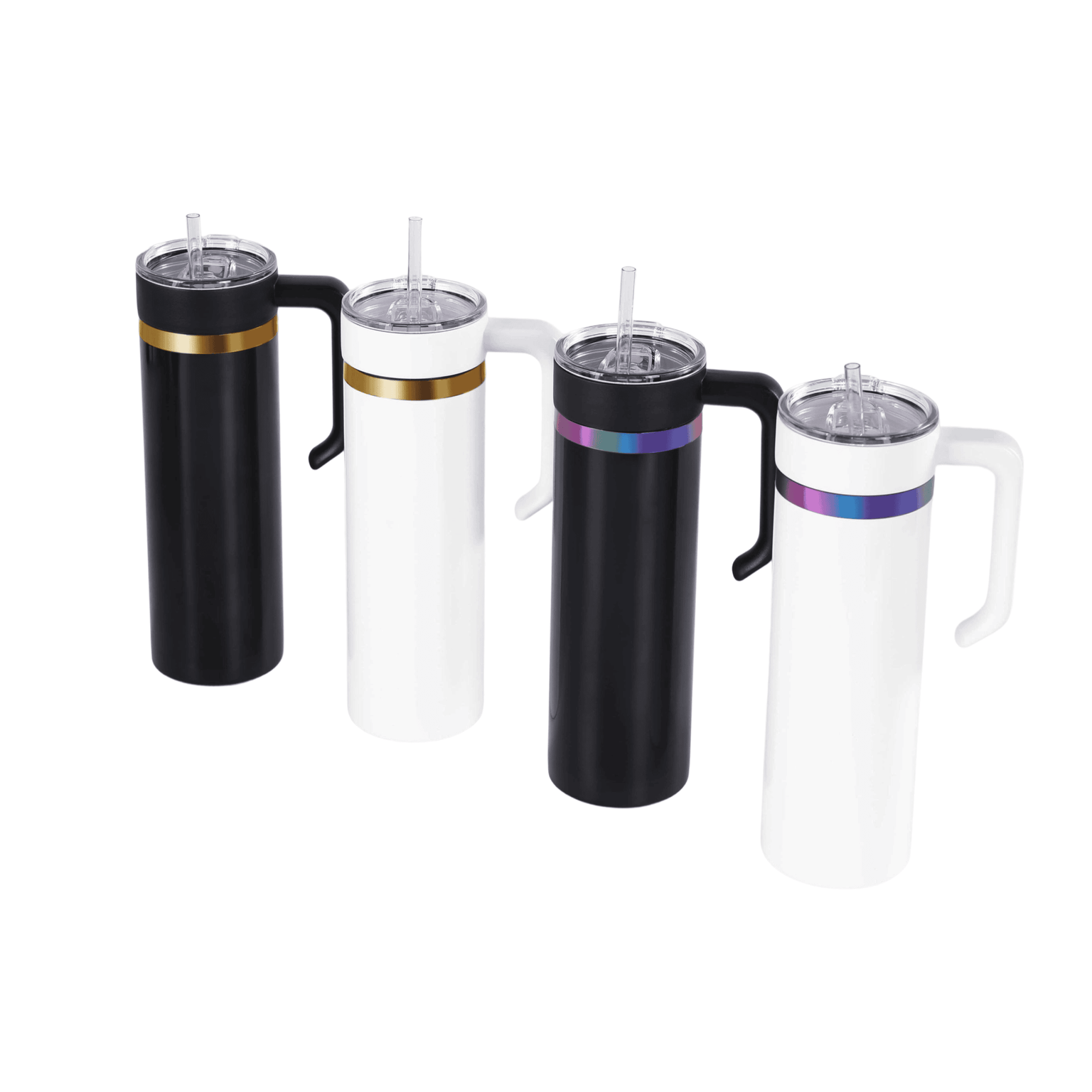 20oz skinny electroplated tumblers with handle in white and black glossy powder coat, choose gold or rainbow electroplating