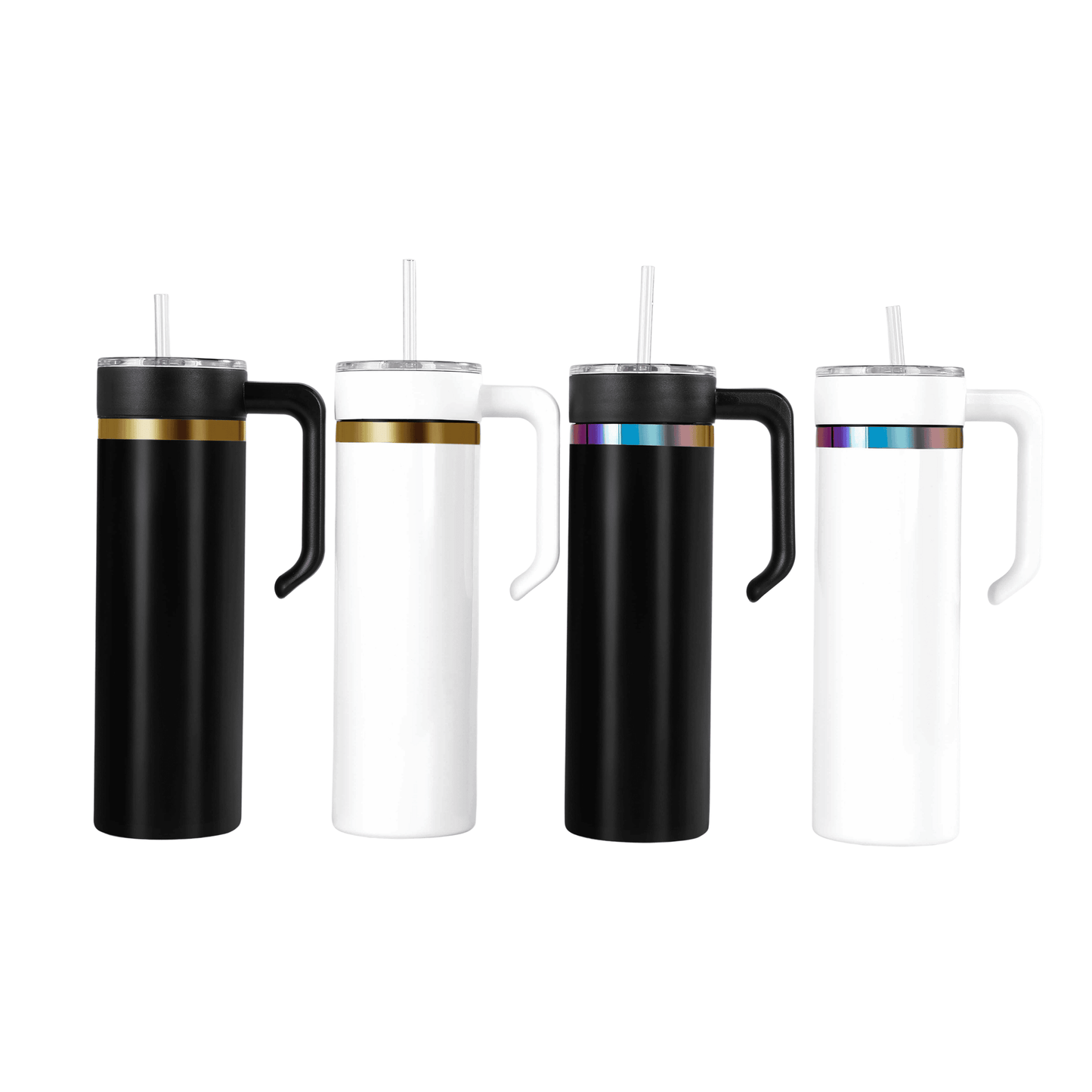 electroplated 20oz skinny tumblers with handle in black and white and gold or rainbow electoplating