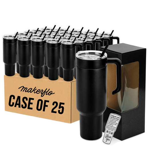40oz tumbler with MakerTwist twist on handle, black powder coated, case of 25