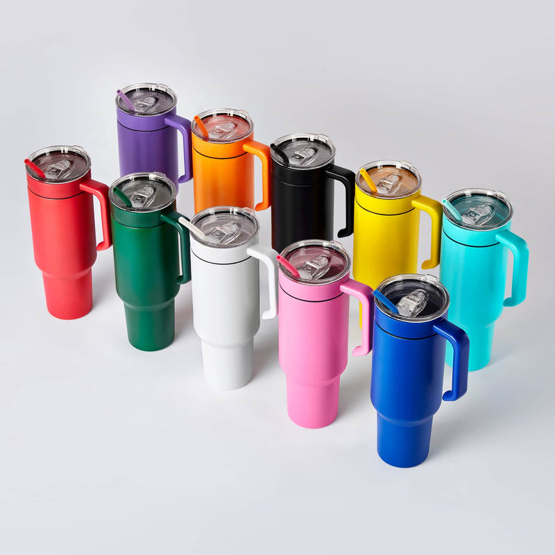 40oz tumblers with matching twist on handle, 10 powder coated colors 