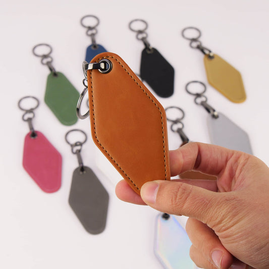 laserette leatherette motel keychain, rawhide, engravable