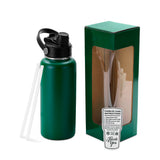 green powder-coated water bottle with box and straw