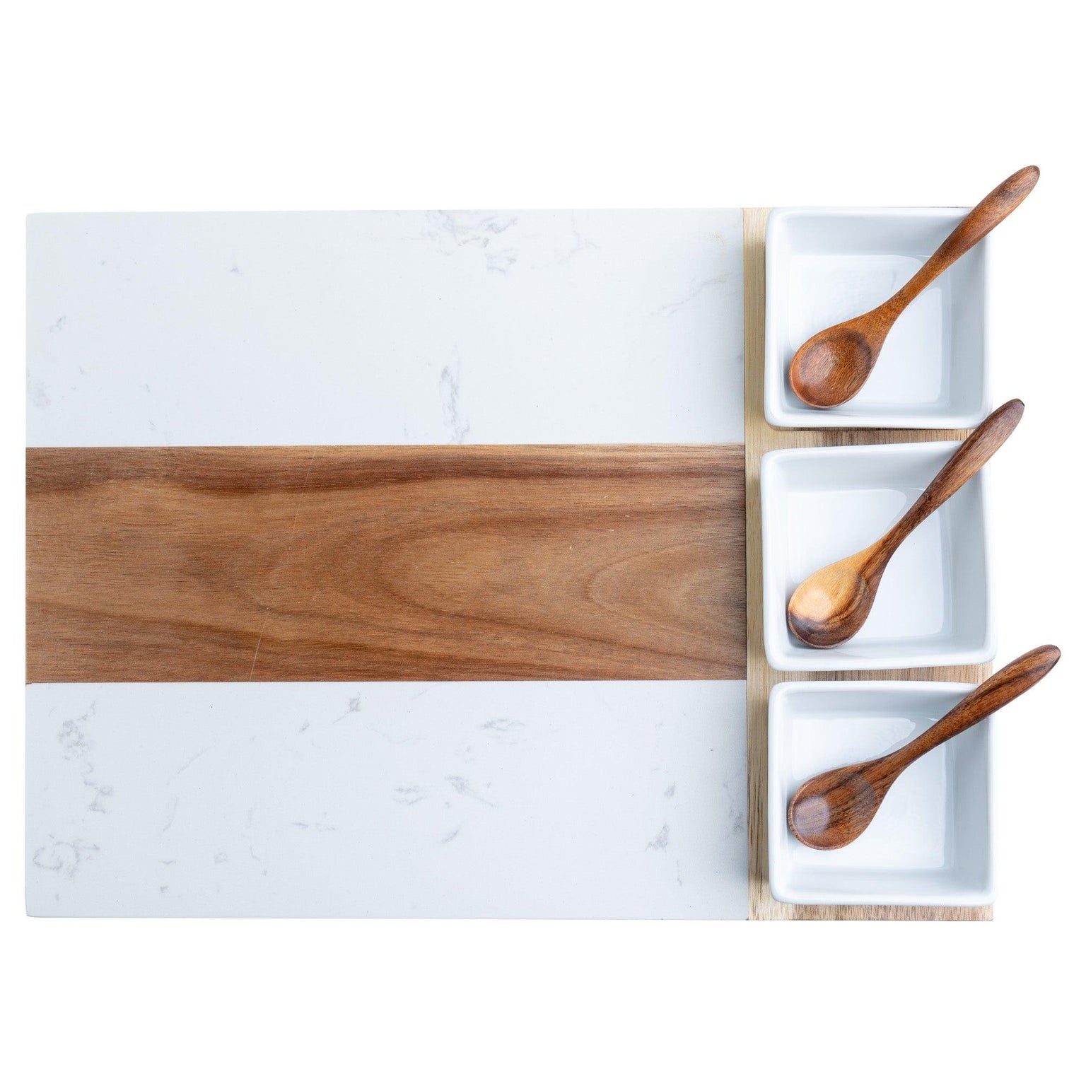 charcuterie board with sauce bowls and spoons
