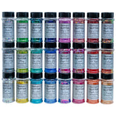 A set of 24 colorful chunky glitter samples in various colors, each in a round shaker bottle.